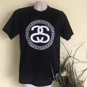 Black and white stüssy jersey material shirt